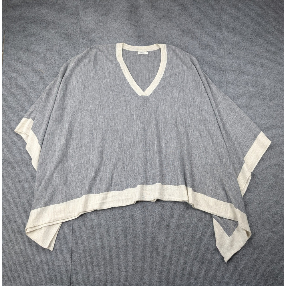 Light Gray V-Neck Poncho with Cream Trim